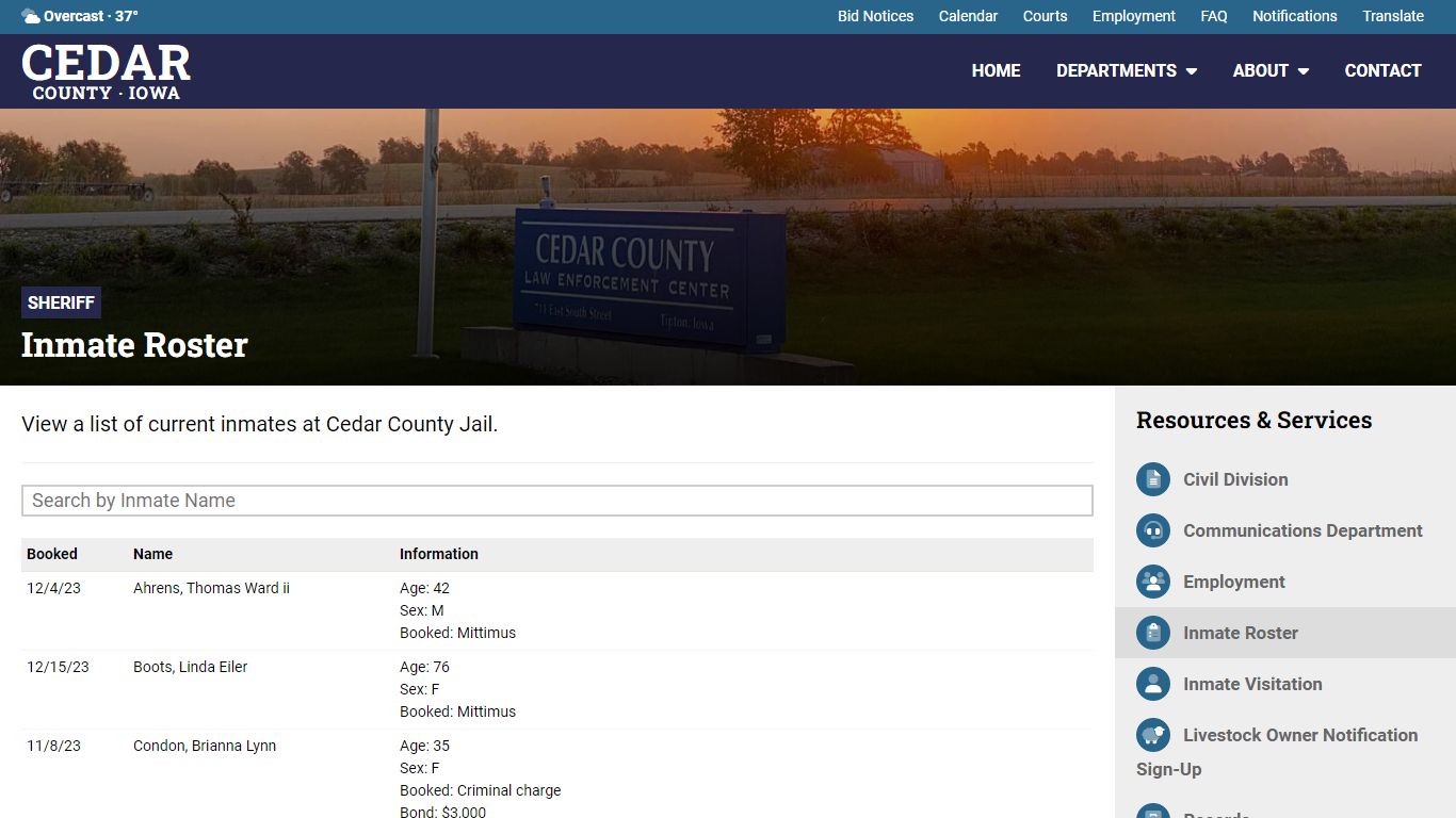 Inmate Roster - Sheriff's Office - Cedar County, Iowa